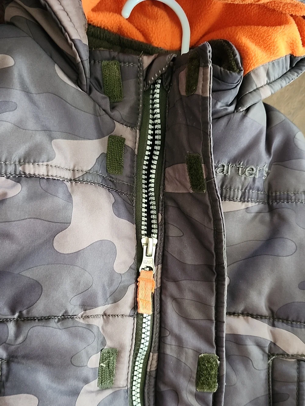Carter's Camo Green  Puffer Jacket with Orange Hood Lining, 2T